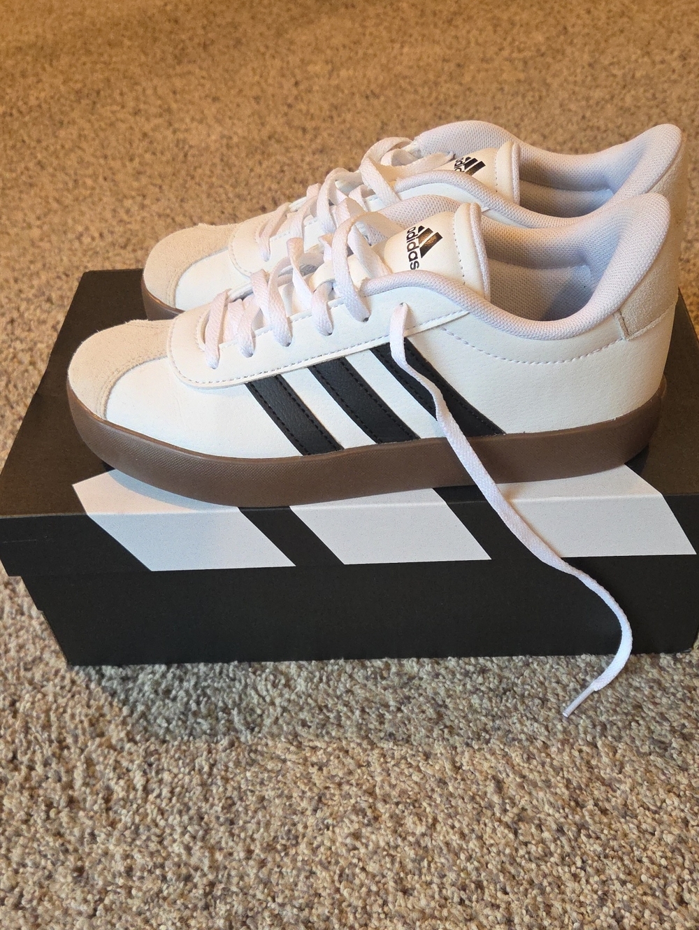 adidas Kids White Sneakers with Black Stripes and Brown Sole